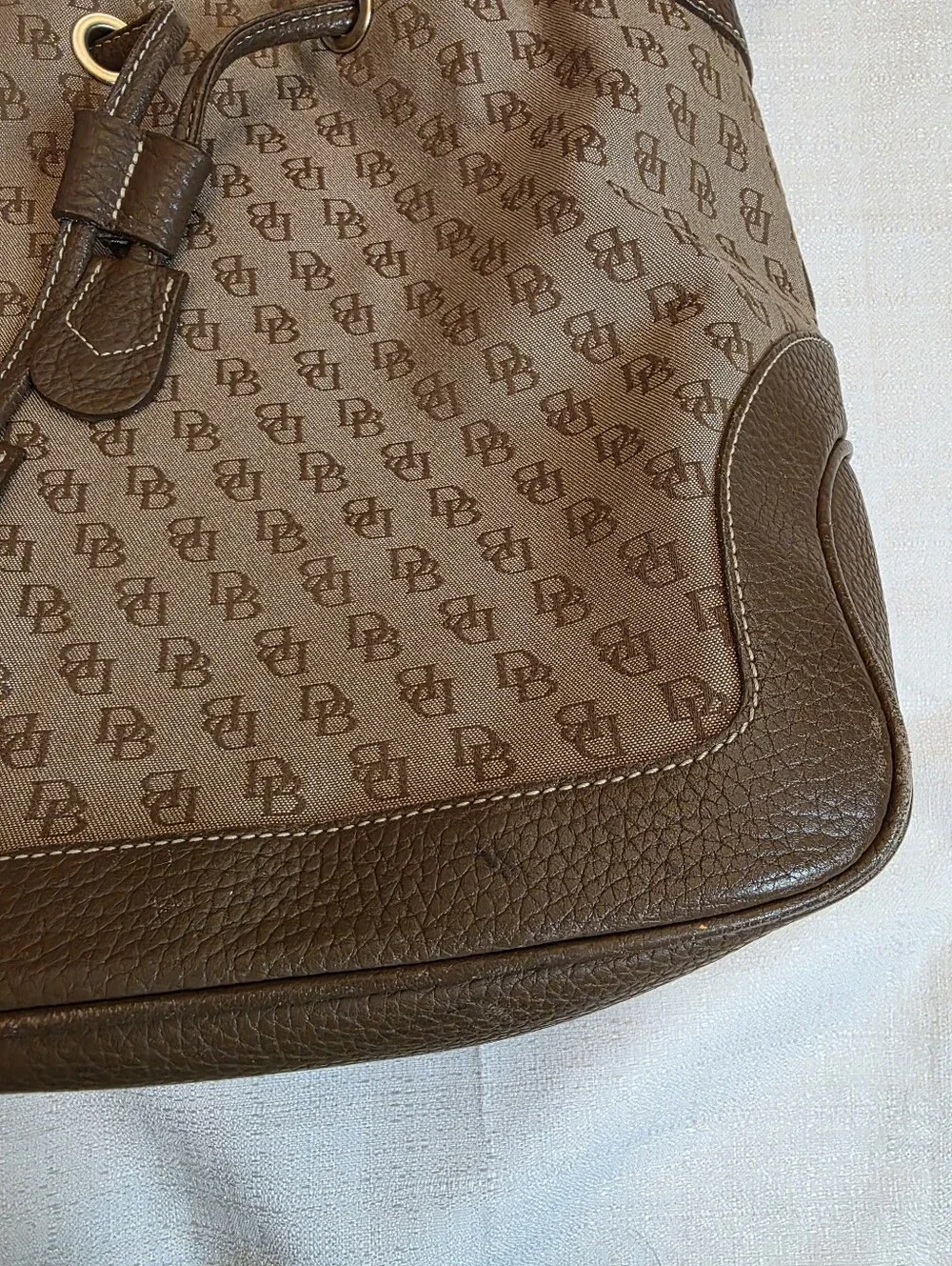 Vintage Dooney & Bourke Signature Monogram Drawstring Bucket Bag Brown Hobo